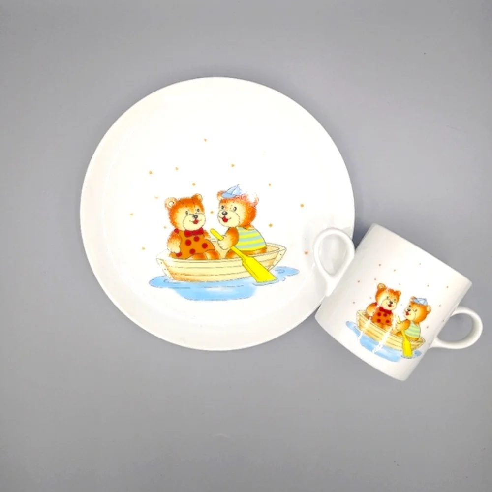 Fine China Child's Dinner Set Toddler Child Teddy Bear Rowboat Plate Cup Vtg